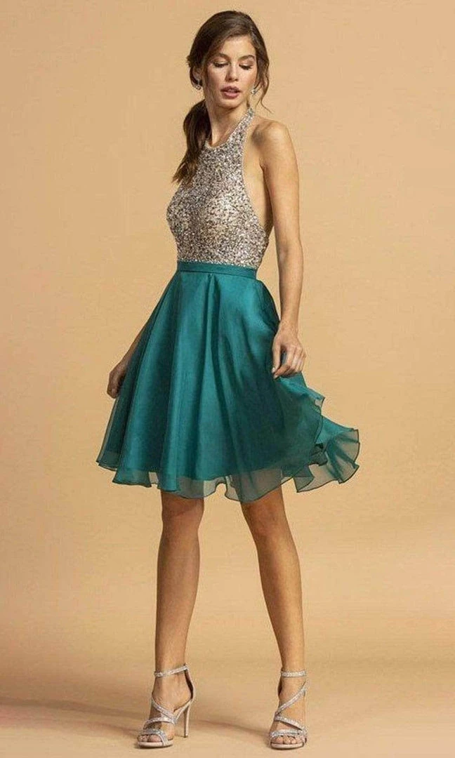 Aspeed Design - Bejeweled Halter A-Line Cocktail Dress S2140 - 1 Pc Teal In Size XS Available 3 Aspeed Design - Bejeweled Halter A-Line Cocktail Dress S2140 - 1 Pc Teal In Size XS Available