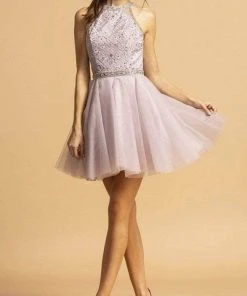 Cocktail Dresses Aspeed Design - Embellished Halter Tulle Cocktail Dress S2095 - 1 Pc Mauve In Size M Available