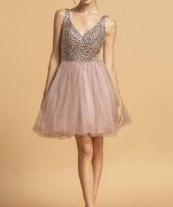 Cocktail Dresses Aspeed Design - S2114 Beaded Bodice Fit And Flare Tulle Dress - 1 Pc Blush In Size S Available