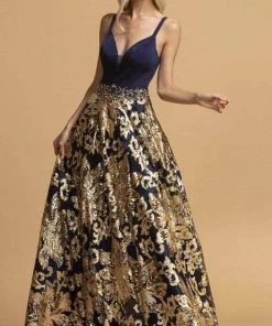 Aspeed Design - Sequin Embroidered Gown L2245 - 1 Pc Charcoal Gold In Size M Available Formal Gowns