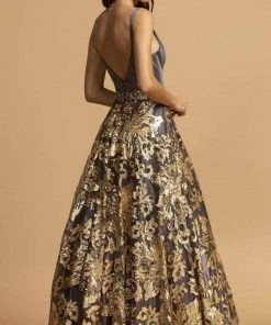 Aspeed Design - Sequin Embroidered Gown L2245 - 1 Pc Charcoal Gold In Size M Available Formal Gowns