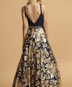 Aspeed Design - Sequin Embroidered Gown L2245 - 1 Pc Charcoal Gold In Size M Available Formal Gowns