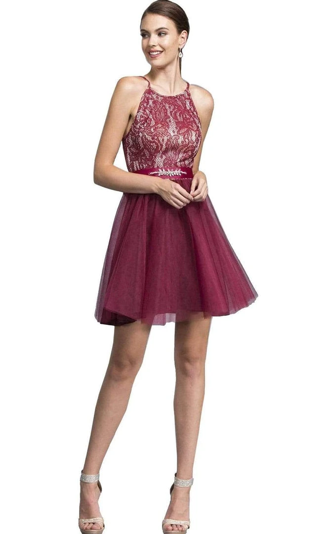 Cocktail Dresses Aspeed Design - Short Halter Lace Bodice Dress D136 - 1 Pc Burgundy In Size XS Available 3 Cocktail Dresses Aspeed Design - Short Halter Lace Bodice Dress D136 - 1 Pc Burgundy In Size XS Available