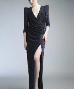 Basix - D5301L Puff Sleeve Plunging Surplice Sheath Gown Formal Gowns 14 Basix - D5301L Puff Sleeve Plunging Surplice Sheath Gown Formal Gowns