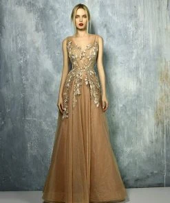 Edition Gemy Maalouf Beside Couture By Gemy Sheer Leaves Applique Tulle Gown BC1300