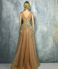 Edition Gemy Maalouf Beside Couture By Gemy Sheer Leaves Applique Tulle Gown BC1300