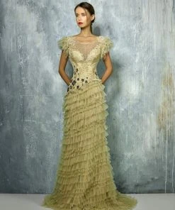 Edition Gemy Maalouf Beside Couture By Gemy Short Sleeves Beaded Tiered Gown BC1291
