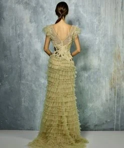 Edition Gemy Maalouf Beside Couture By Gemy Short Sleeves Beaded Tiered Gown BC1291