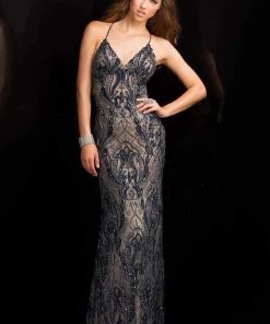 SCALA BG Haute - Spaghetti-Strap Sequined Evening Gown 48710 - 1 Pc Black / Nude In Size 4 Available
