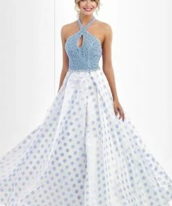 Blush By Alexia Designs Blush - 5516 Embellished Halter Neck Polka Dot Printed Ball Gown 6 Blush By Alexia Designs Blush - 5516 Embellished Halter Neck Polka Dot Printed Ball Gown