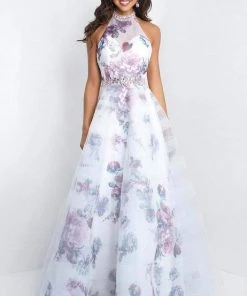 Blush By Alexia Designs Formal Gowns Blush - 5655 Floral Printed Halter Organza Gown With Tulle Overlay