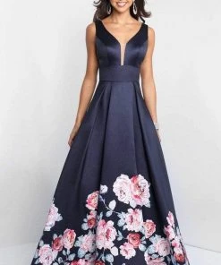Blush By Alexia Designs Formal Gowns Blush - 5661 Plunging V-Neck Floral Printed Mikado Gown 8 Blush By Alexia Designs Formal Gowns Blush - 5661 Plunging V-Neck Floral Printed Mikado Gown
