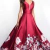 Blush By Alexia Designs Formal Gowns Blush - 5661 Plunging V-Neck Floral Printed Mikado Gown