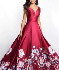 Blush By Alexia Designs Formal Gowns Blush - 5661 Plunging V-Neck Floral Printed Mikado Gown