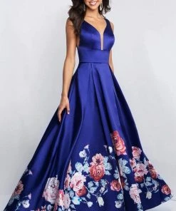 Blush By Alexia Designs Formal Gowns Blush - 5661 Plunging V-Neck Floral Printed Mikado Gown 10 Blush By Alexia Designs Formal Gowns Blush - 5661 Plunging V-Neck Floral Printed Mikado Gown
