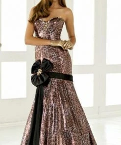 Blush By Alexia Designs Formal Gowns Blush - 9284 Strapless Printed Long Gown With Black Ribbon Accent