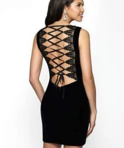 Blush By Alexia Designs Blush Black - B108 Lace And Velvet Scoop Neck Sheath Dress Cocktail Dresses