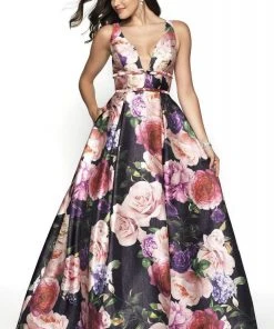 Blush By Alexia Designs - 11735 Plunging Floral Print Ballgown Formal Gowns