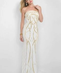 Blush By Alexia Designs - 7014 Gold Printed Strapless Long Dress
