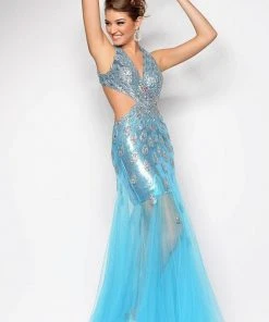 Blush By Alexia Designs - 9530 Peacock Adorned V-Neck A-Line Gown