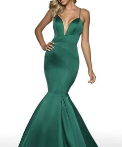 Blush By Alexia Designs - C2018 V Neck Backless Satin Mermaid Gown