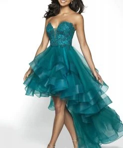 Formal Gowns Blush By Alexia Designs - C2030 Plunging Appliqued High Low Gown