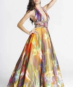 Blush By Alexia Designs - Plunging Halter Print Gown 5034 Formal Gowns