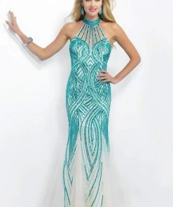 Blush By Alexia Designs Blush - Sequined Halter Neck Tulle Trumpet Gown 11043