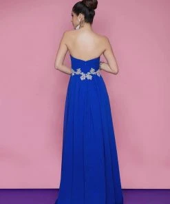 Blush By Alexia Designs Blush - Strapless Pleated Long Dress With Floral Waistband 9616 Formal Gowns