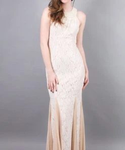 Cachet - 56727H Embellished Halter Neck Stretch Lace Dress