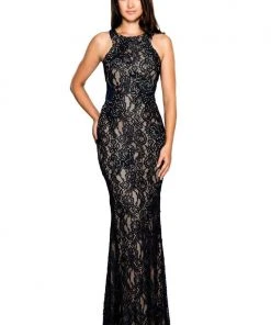 Cachet - 58250Z Black Embellished Lace Long Dress - 1 Pc Midnight Nude In Size 0 Available Formal Gowns