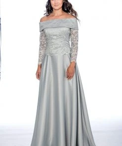 Cachet - 59205 Lace Off-Shoulder Satin A-line Dress Formal Gowns