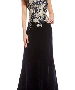 Formal Gowns Cachet - 59820 Gilt Floral Embroidered Illusion Halter Gown