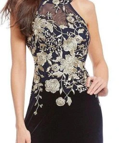 Formal Gowns Cachet - 59820 Gilt Floral Embroidered Illusion Halter Gown 11 Formal Gowns Cachet - 59820 Gilt Floral Embroidered Illusion Halter Gown