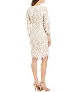 Cachet - Quarter Sleeve Sequined Lace Scallop-Hemmed Dress 59395 - 1 Pc White Nude In Size 16 Available Cocktail Dresses