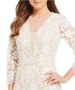 Cachet - Quarter Sleeve Sequined Lace Scallop-Hemmed Dress 59395 - 1 Pc White Nude In Size 16 Available Cocktail Dresses