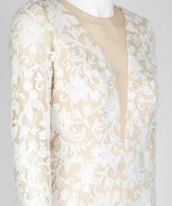 Cachet - Quarter Sleeve Sequined Lace Scallop-Hemmed Dress 59395 - 1 Pc White Nude In Size 16 Available Cocktail Dresses