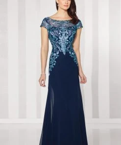 Cameron Blake By Mon Cheri - Chiffon A-line Dress 216691 - 1 Pc Navy Blue Turquoise In Size 10 Available