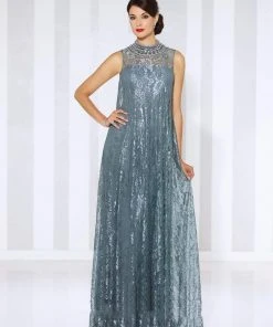 Formal Gowns Cameron Blake By Mon Cheri - Illusion High Neck Lace Overskirt Gown 116670 - 1 Pc Steel Gray In Size 14 Available