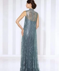 Formal Gowns Cameron Blake By Mon Cheri - Illusion High Neck Lace Overskirt Gown 116670 - 1 Pc Steel Gray In Size 14 Available