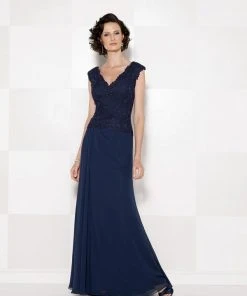 Cameron Blake By Mon Cheri V Neck Long Dress With Slit 114666 - 1 Pc Navy Blue In Size 8, 1 Pc Pink In Size 10 Available Formal Gowns