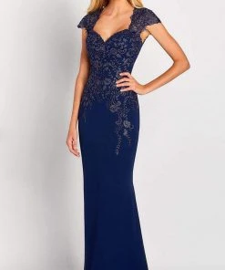 Cameron Blake By Mon Cheri Formal Gowns Cameron By Mon Cheri - Ornate Cap Sleeve Queen Anne Gown 119651 - 1 Pc Navy In Size 10 And 1 Pc Water In Size 18 Available