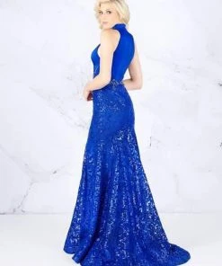 Cassandra Stone - 12137A Collared Plunging Halter Sequined Gown Formal Gowns