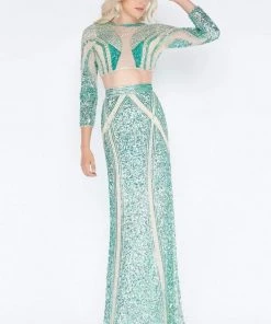Cassandra Stone - 4660A Long Sleeve Sequined Two-Piece Gown Formal Gowns