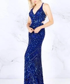 Formal Gowns Cassandra Stone - 4875A Cutout Strappy Back V Neck Sequin Gown