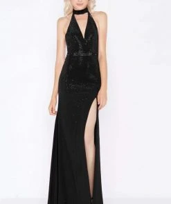 Formal Gowns Cassandra Stone - 62974A Embellished High Halter Sheath Dress