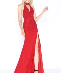 Formal Gowns Cassandra Stone - 62974A Embellished High Halter Sheath Dress