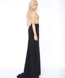 Cassandra Stone - 66525A Halter Gold Beaded Cutout Slit Evening Gown