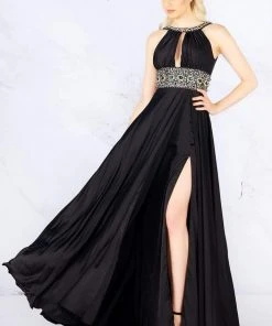 Formal Gowns Cassandra Stone - 77435A Rhinestone Accented Halter A-line Dress