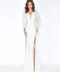 Cassandra Stone - 79186A Rhinestone Accented Deep V-neck Jersey Dress Formal Gowns